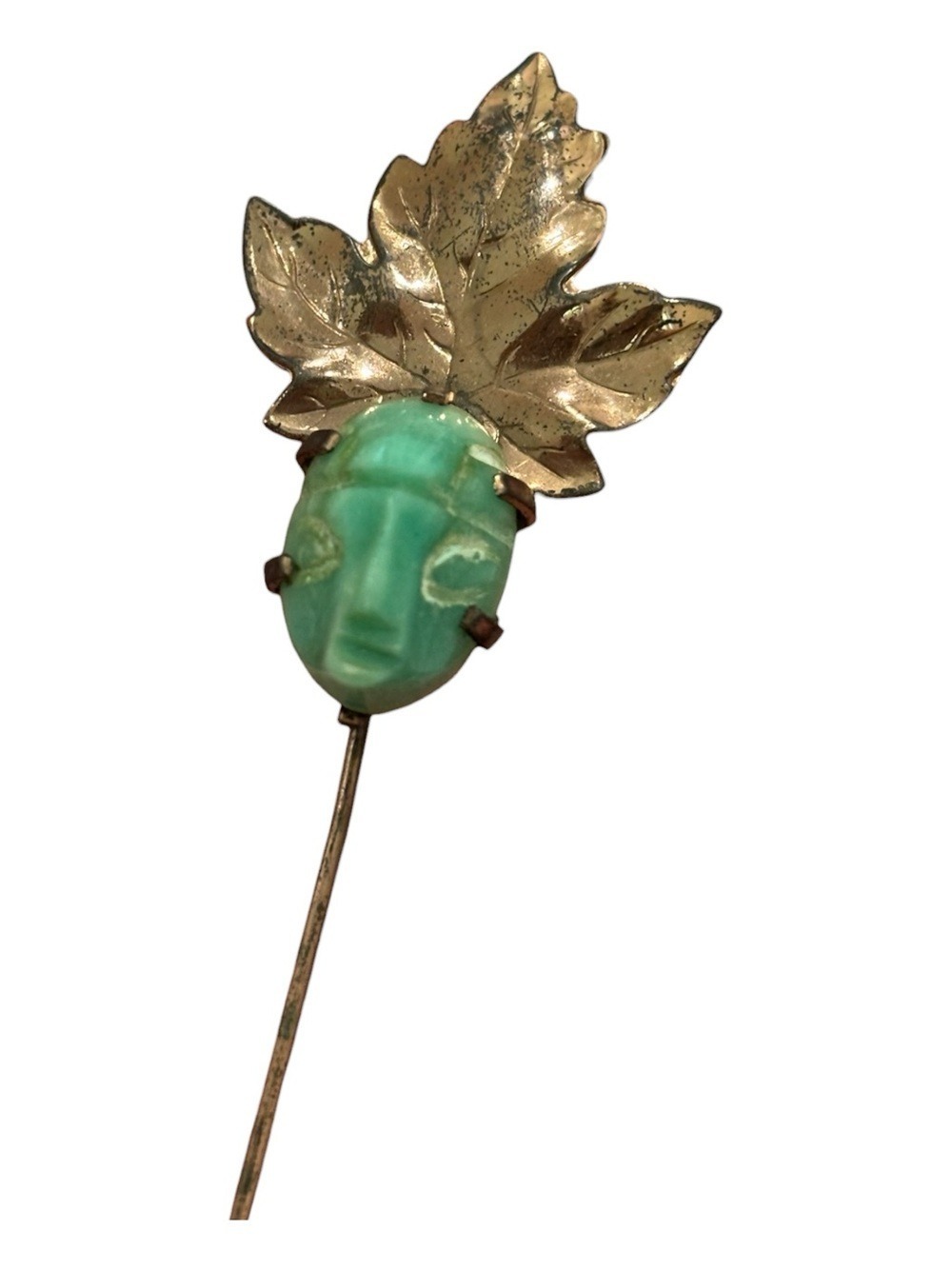 1890s-1910 CARVED JADE MAYAN/AZTEC FACE MOUNTED ON LEAF HAT PIN VICTORIAN RARITY